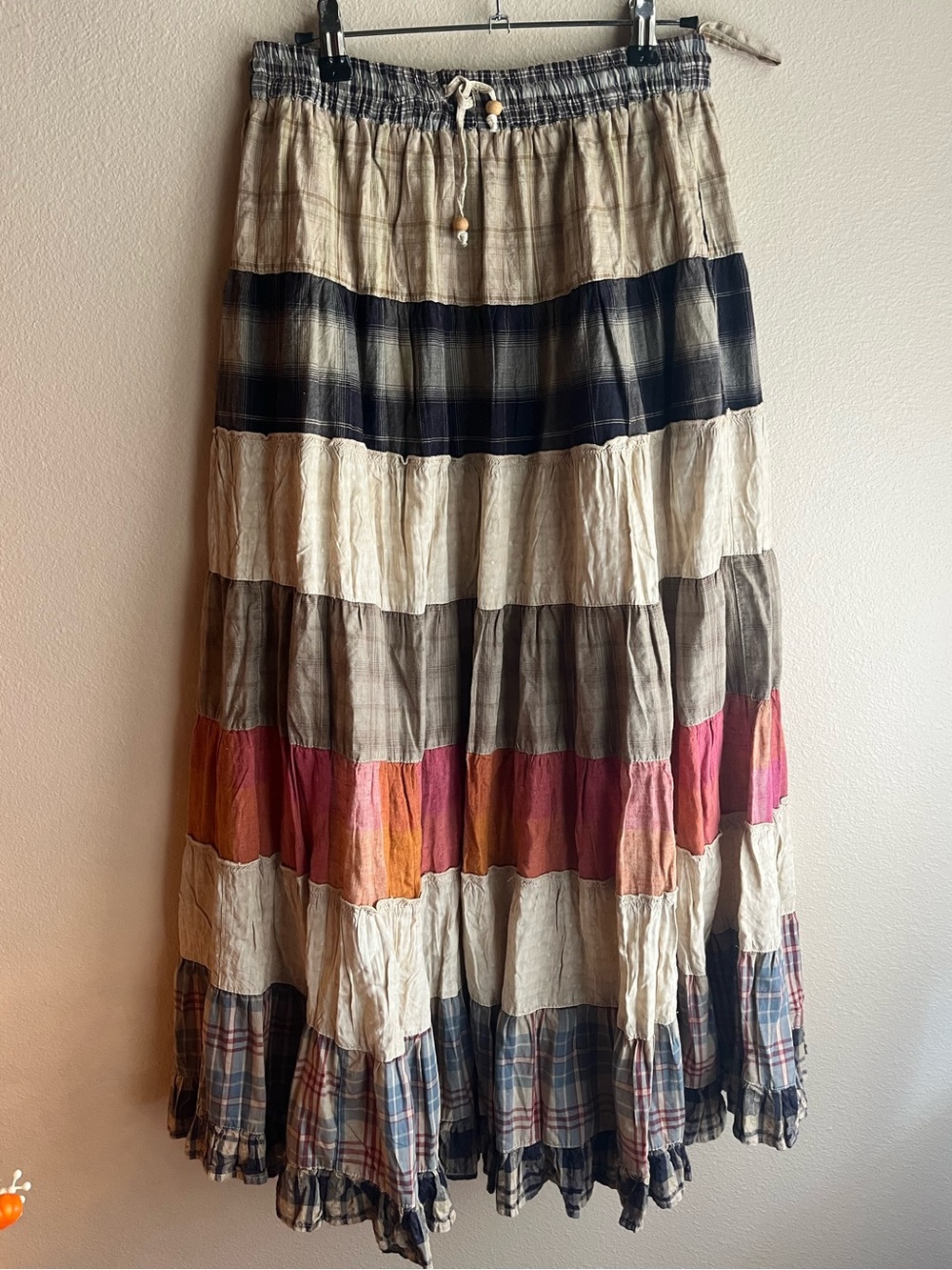 Young Threads Patchwork Tiered Maxi Skirt in Cream, Navy & Pink